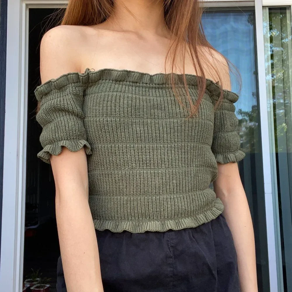 Crotchet Dark Green Off the Shoulder Crop top